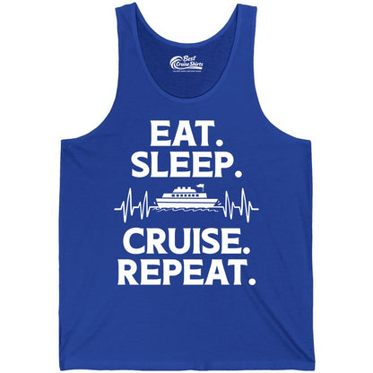 Eat Sleep Cruise Repeat Shirt - Cruise Lover Gift - Vacation Tee (Tank Top) in True Royal - Eat Sleep Cruise Repeat Shirt with Cruise Ship Graphic Bold Text