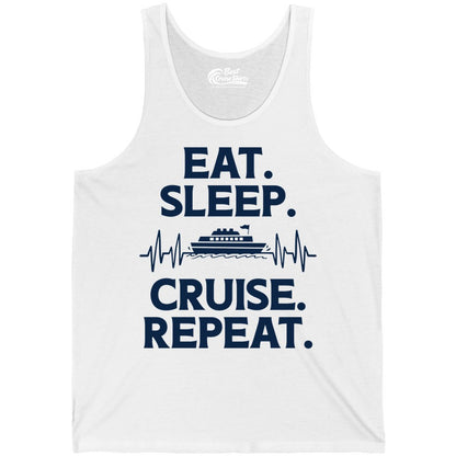 Eat Sleep Cruise Repeat Shirt - Cruise Lover Gift - Vacation Tee (Tank Top) in White - Eat Sleep Cruise Repeat Shirt with Cruise Ship Graphic Bold Text