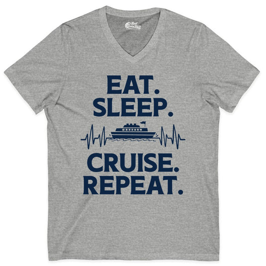 Eat Sleep Cruise Repeat Shirt - Cruise Lover Gift - Vacation Tee (V-Neck) in Athletic Heather - Eat Sleep Cruise Repeat Shirt with Cruise Ship Graphic Bold Text