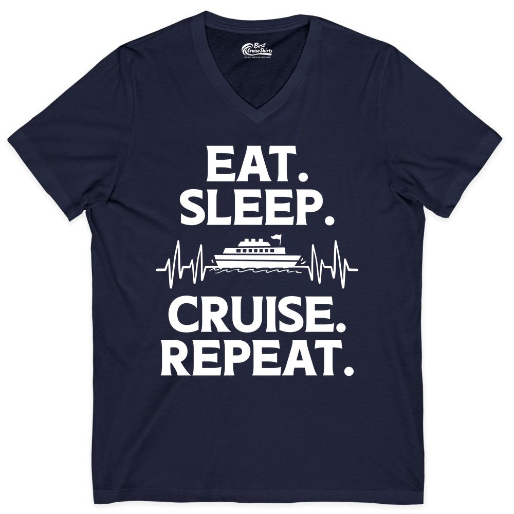Eat Sleep Cruise Repeat Shirt - Cruise Lover Gift - Vacation Tee (V-Neck) in Navy - Eat Sleep Cruise Repeat Shirt with Cruise Ship Graphic Bold Text