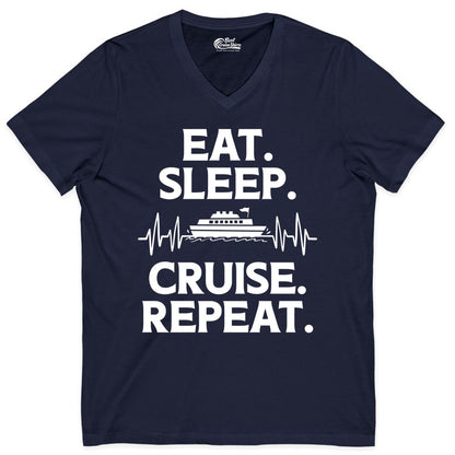 Eat Sleep Cruise Repeat Shirt - Cruise Lover Gift - Vacation Tee (V-Neck) in Navy - Eat Sleep Cruise Repeat Shirt with Cruise Ship Graphic Bold Text