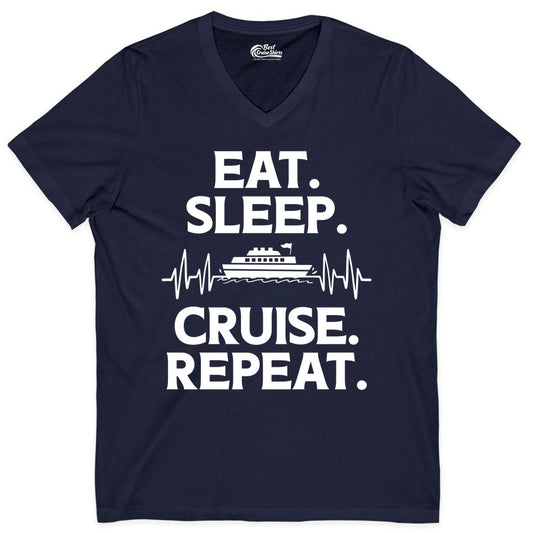 Eat Sleep Cruise Repeat Shirt - Cruise Lover Gift - Vacation Tee (V-Neck) in Navy - Eat Sleep Cruise Repeat Shirt with Cruise Ship Graphic Bold Text