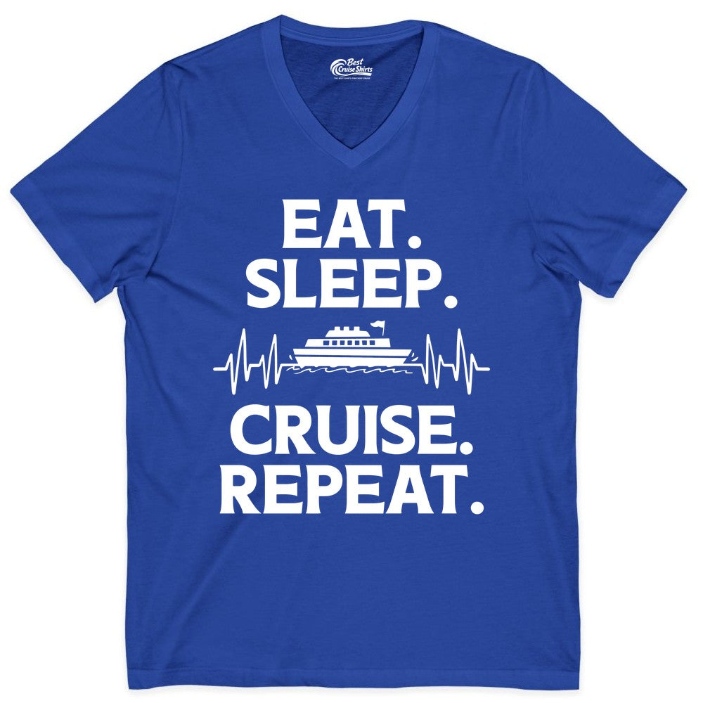 Eat Sleep Cruise Repeat Shirt - Cruise Lover Gift - Vacation Tee (V-Neck) in True Royal - Eat Sleep Cruise Repeat Shirt with Cruise Ship Graphic Bold Text