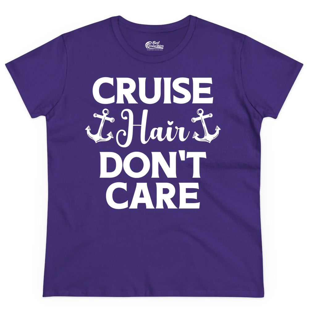Cruise Hair Don't Care Shirt - Funny Nautical Vacation Apparel Tee (Ladies Tee) in Purple - Cruise Hair Don't Care Nautical Anchor Shirt for Cruise Travelers