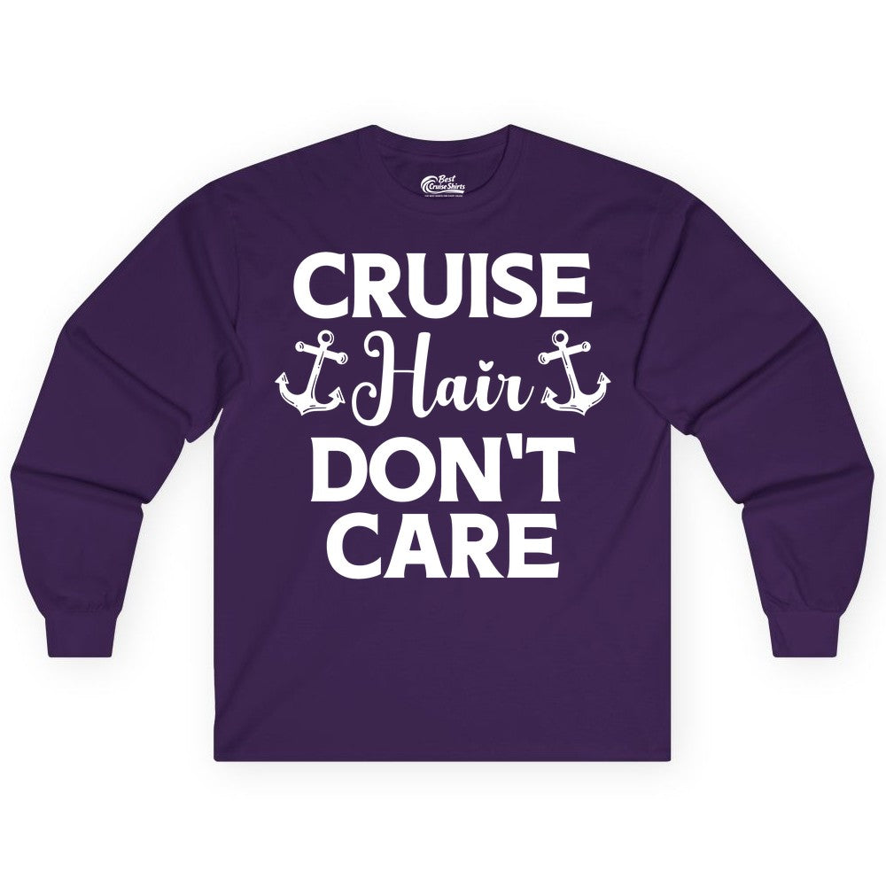 Cruise Hair Don't Care Shirt - Funny Nautical Vacation Apparel Tee (Long Sleeve) in Purple - Cruise Hair Don't Care Nautical Anchor Shirt for Cruise Travelers