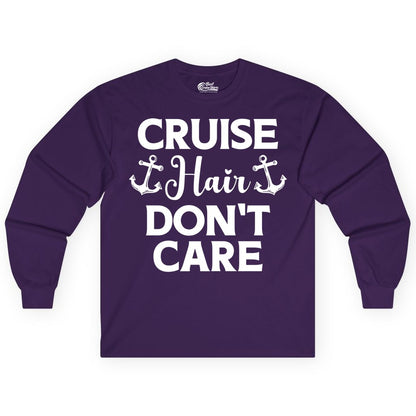 Cruise Hair Don't Care Shirt - Funny Nautical Vacation Apparel Tee (Long Sleeve) in Purple - Cruise Hair Don't Care Nautical Anchor Shirt for Cruise Travelers