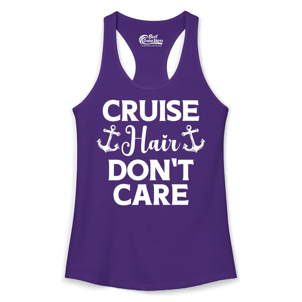 Cruise Hair Don't Care Shirt - Funny Nautical Vacation Apparel Tee (Ladies Tank) in Solid Purple Rush - Cruise Hair Don't Care Nautical Anchor Shirt for Cruise Travelers