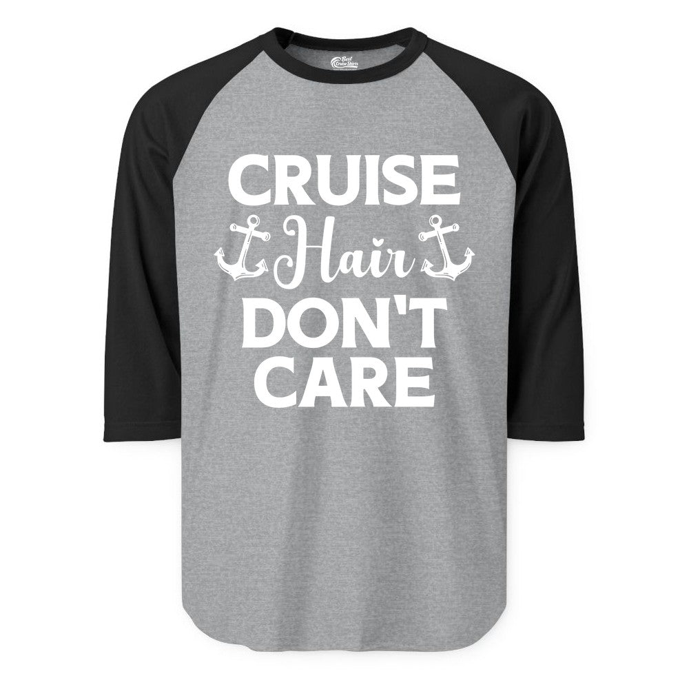 Cruise Hair Don't Care Shirt - Funny Nautical Vacation Apparel Tee (Raglan) in Heather GreyBlack - Cruise Hair Don't Care Nautical Anchor Shirt for Cruise Travelers