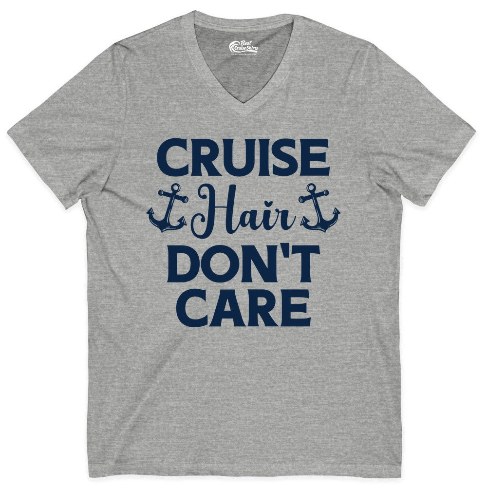 Cruise Hair Don't Care Shirt - Funny Nautical Vacation Apparel Tee (V-Neck) in Athletic Heather - Cruise Hair Don't Care Nautical Anchor Shirt for Cruise Travelers
