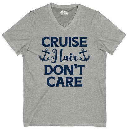 Cruise Hair Don't Care Shirt - Funny Nautical Vacation Apparel Tee (V-Neck) in Athletic Heather - Cruise Hair Don't Care Nautical Anchor Shirt for Cruise Travelers