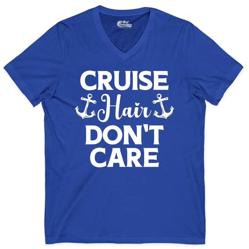 Cruise Hair Don't Care Shirt - Funny Nautical Vacation Apparel Tee (V-Neck) in True Royal - Cruise Hair Don't Care Nautical Anchor Shirt for Cruise Travelers