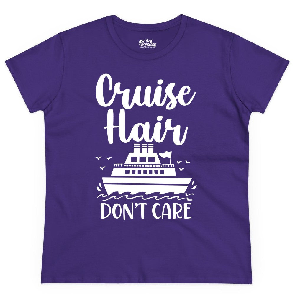 Cruise Hair Don't Care Shirt - Funny Cruise Apparel for Women (Ladies Tee) in Purple - Cruise Hair Don't Care Shirt - Funny Nautical Handwritten Cruise Tee