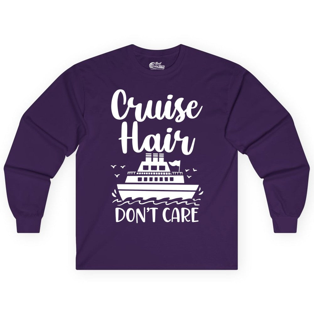 Cruise Hair Don't Care Shirt - Funny Cruise Apparel for Women (Long Sleeve) in Purple - Cruise Hair Don't Care Shirt - Funny Nautical Handwritten Cruise Tee
