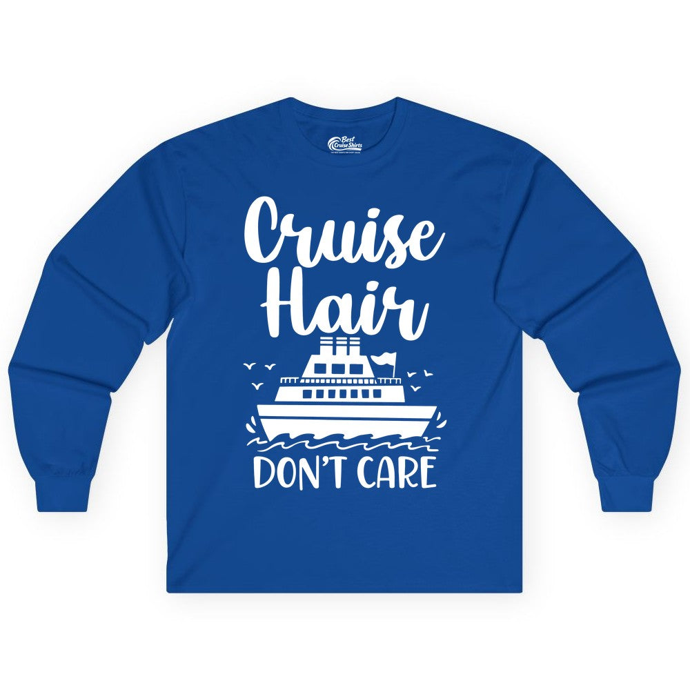 Cruise Hair Don't Care Shirt - Funny Cruise Apparel for Women (Long Sleeve) in Royal - Cruise Hair Don't Care Shirt - Funny Nautical Handwritten Cruise Tee