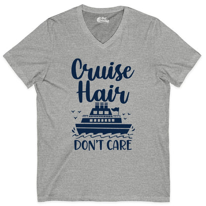 Cruise Hair Don't Care Shirt - Funny Cruise Apparel for Women (V-Neck) in Athletic Heather - Cruise Hair Don't Care Shirt - Funny Nautical Handwritten Cruise Tee