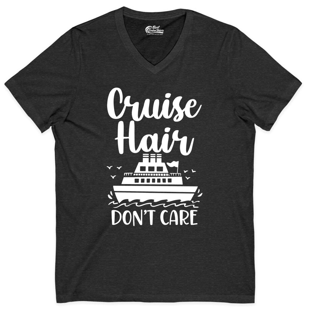 Cruise Hair Don't Care Shirt - Funny Cruise Apparel for Women (V-Neck) in Dark Grey Heather - Cruise Hair Don't Care Shirt - Funny Nautical Handwritten Cruise Tee