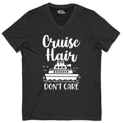 Cruise Hair Don't Care Shirt - Funny Cruise Apparel for Women (V-Neck) in Dark Grey Heather - Cruise Hair Don't Care Shirt - Funny Nautical Handwritten Cruise Tee