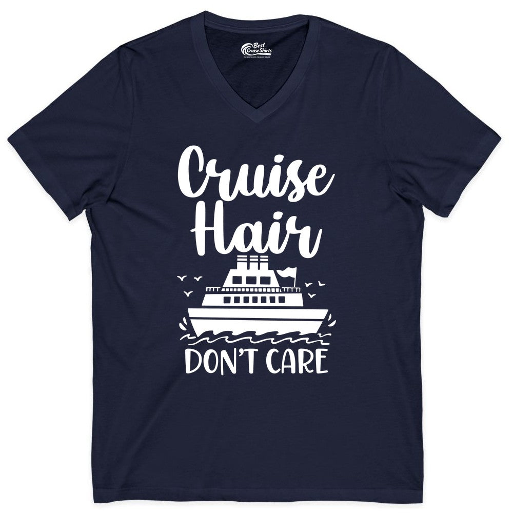 Cruise Hair Don't Care Shirt - Funny Cruise Apparel for Women (V-Neck) in Navy - Cruise Hair Don't Care Shirt - Funny Nautical Handwritten Cruise Tee