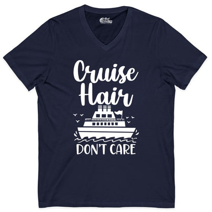 Cruise Hair Don't Care Shirt - Funny Cruise Apparel for Women (V-Neck) in Navy - Cruise Hair Don't Care Shirt - Funny Nautical Handwritten Cruise Tee