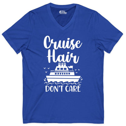 Cruise Hair Don't Care Shirt - Funny Cruise Apparel for Women (V-Neck) in True Royal - Cruise Hair Don't Care Shirt - Funny Nautical Handwritten Cruise Tee