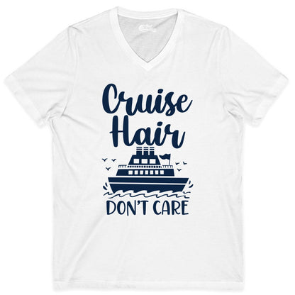 Cruise Hair Don't Care Shirt - Funny Cruise Apparel for Women (V-Neck) in White - Cruise Hair Don't Care Shirt - Funny Nautical Handwritten Cruise Tee