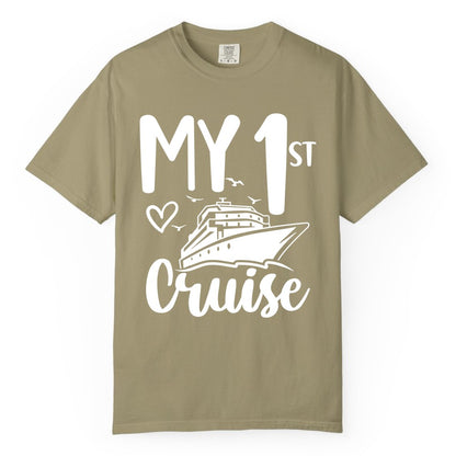 My First Cruise Shirt - Cruise Trip Shirt for First Time Cruisers (Comfort Color) in Khaki - My First Cruise Shirt - Playful Lettering with Ship Heart Seagulls