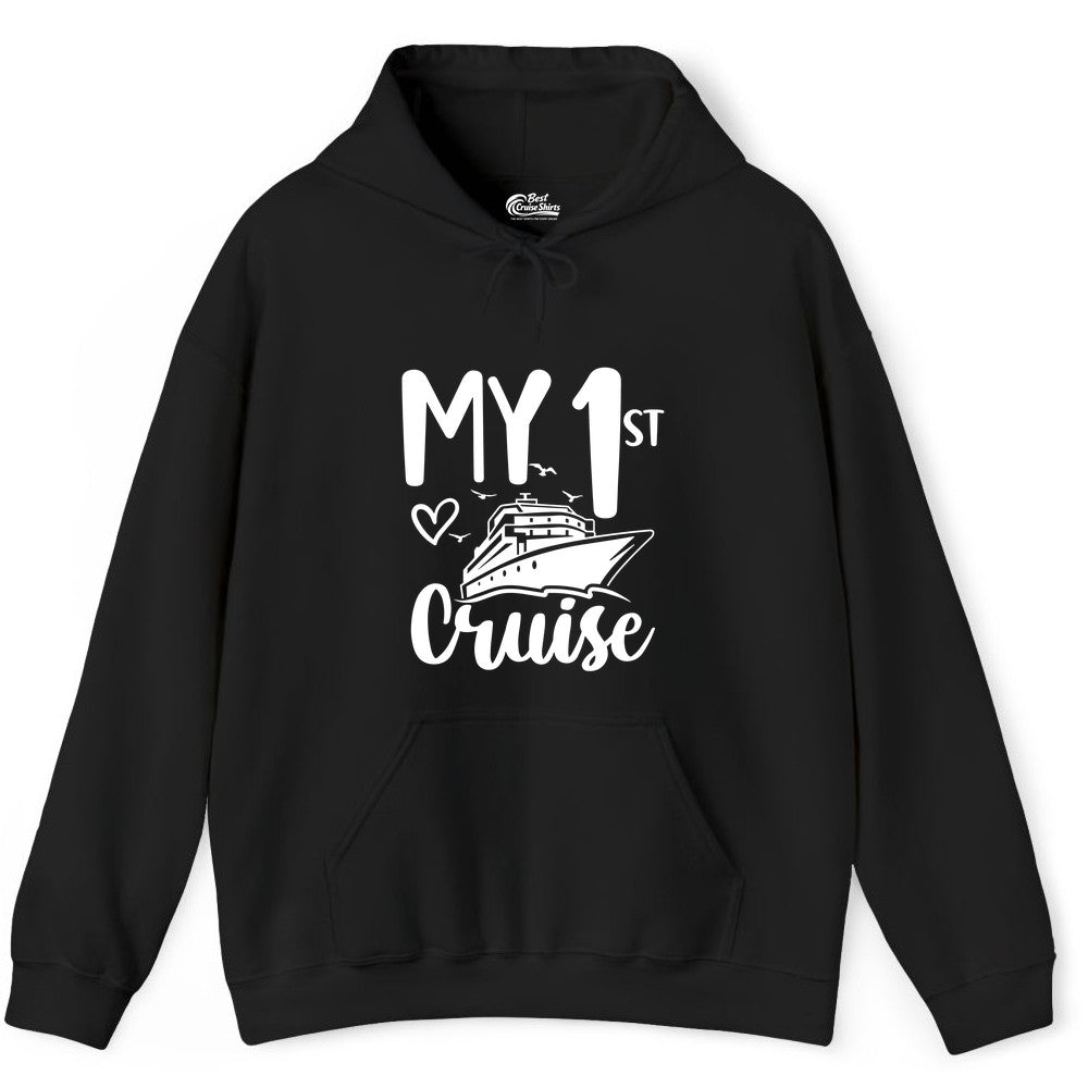 My First Cruise Shirt - Cruise Trip Shirt for First Time Cruisers (Hoodie) in Black - My First Cruise Shirt - Playful Lettering with Ship Heart Seagulls