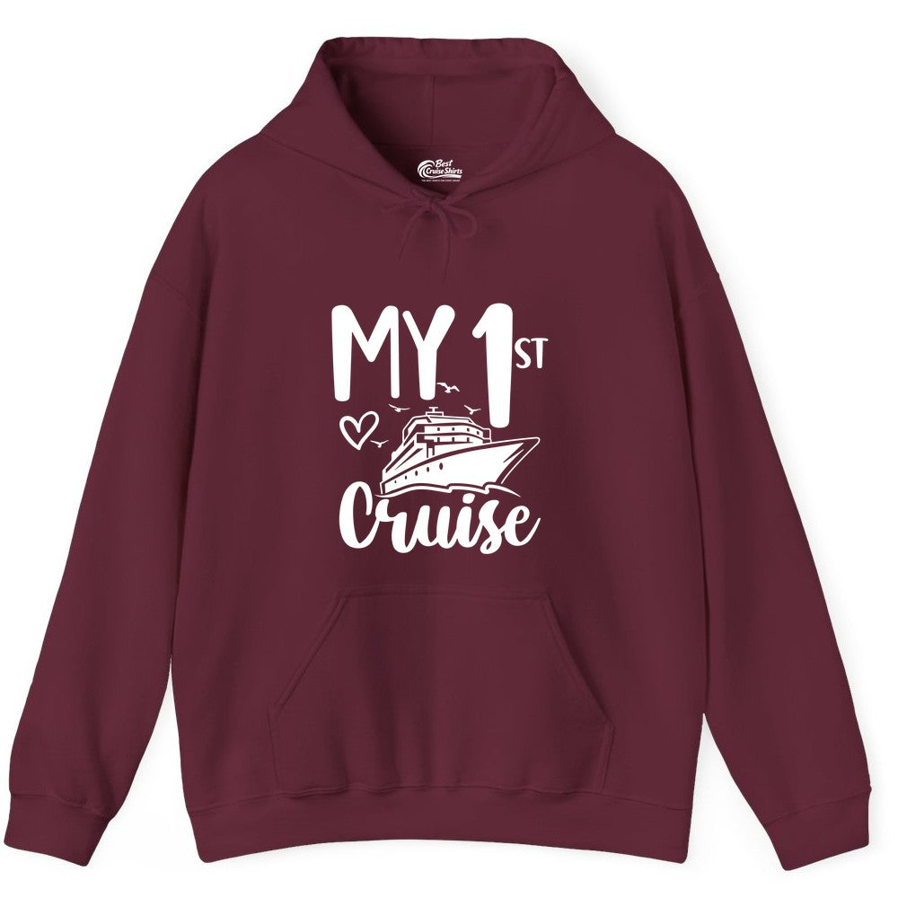 My First Cruise Shirt - Cruise Trip Shirt for First Time Cruisers (Hoodie) in Maroon - My First Cruise Shirt - Playful Lettering with Ship Heart Seagulls