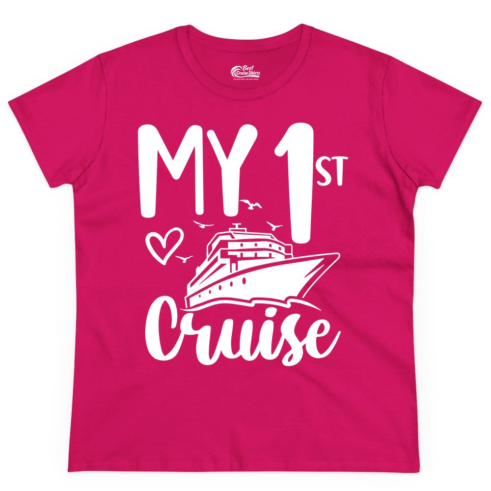 My First Cruise Shirt - Cruise Trip Shirt for First Time Cruisers (Ladies Tee) in Heliconia - My First Cruise Shirt - Playful Lettering with Ship Heart Seagulls