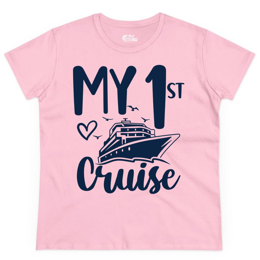 My First Cruise Shirt - Cruise Trip Shirt for First Time Cruisers (Ladies Tee) in Light Pink - My First Cruise Shirt - Playful Lettering with Ship Heart Seagulls