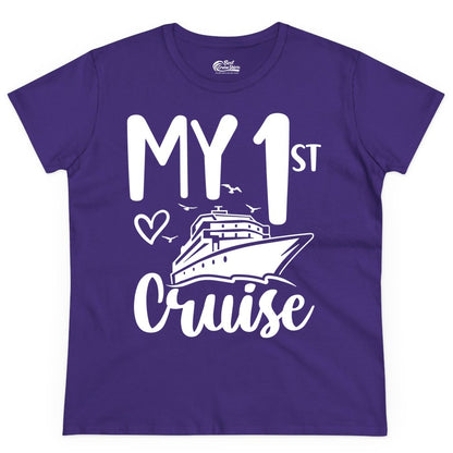My First Cruise Shirt - Cruise Trip Shirt for First Time Cruisers (Ladies Tee) in Purple - My First Cruise Shirt - Playful Lettering with Ship Heart Seagulls