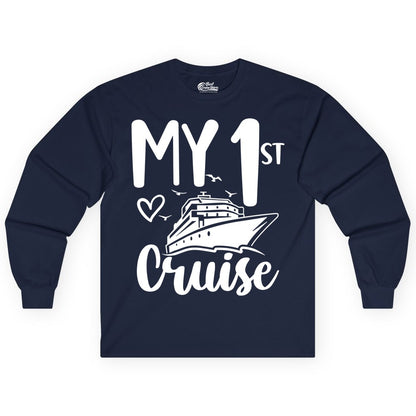 My First Cruise Shirt - Cruise Trip Shirt for First Time Cruisers (Long Sleeve) in Navy - My First Cruise Shirt - Playful Lettering with Ship Heart Seagulls