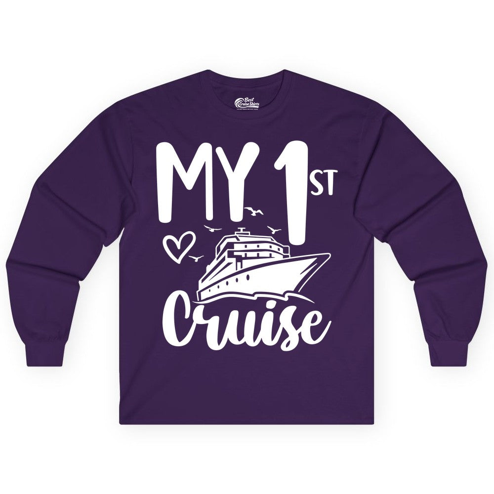 My First Cruise Shirt - Cruise Trip Shirt for First Time Cruisers (Long Sleeve) in Purple - My First Cruise Shirt - Playful Lettering with Ship Heart Seagulls