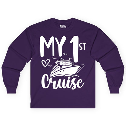 My First Cruise Shirt - Cruise Trip Shirt for First Time Cruisers (Long Sleeve) in Purple - My First Cruise Shirt - Playful Lettering with Ship Heart Seagulls