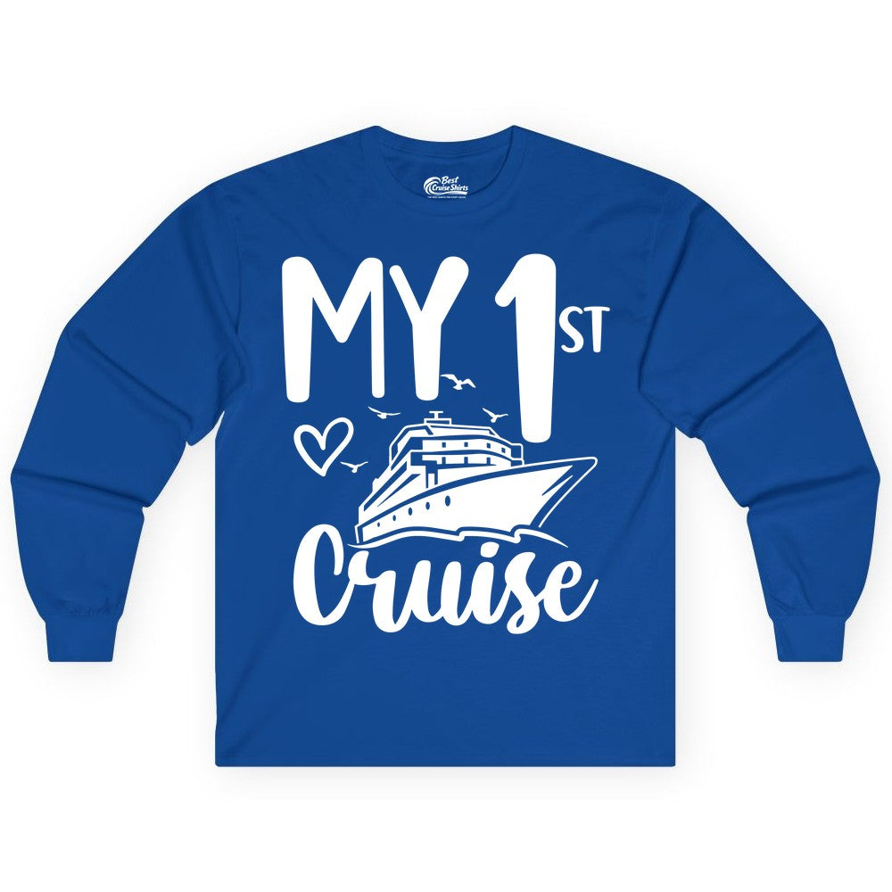 My First Cruise Shirt - Cruise Trip Shirt for First Time Cruisers (Long Sleeve) in Royal - My First Cruise Shirt - Playful Lettering with Ship Heart Seagulls