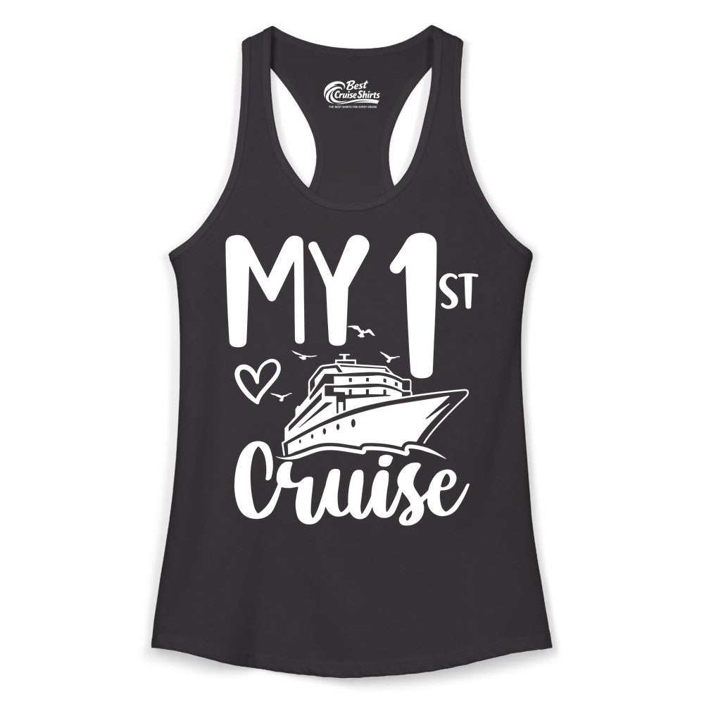 My First Cruise Shirt - Cruise Trip Shirt for First Time Cruisers (Ladies Tank) in Black - My First Cruise Shirt - Playful Lettering with Ship Heart Seagulls