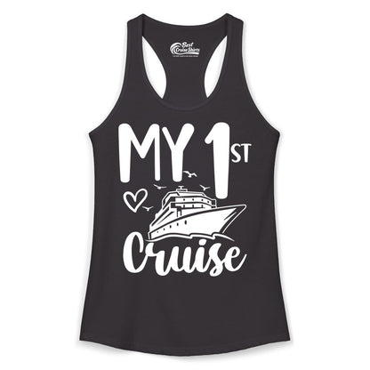My First Cruise Shirt - Cruise Trip Shirt for First Time Cruisers (Ladies Tank) in Black - My First Cruise Shirt - Playful Lettering with Ship Heart Seagulls