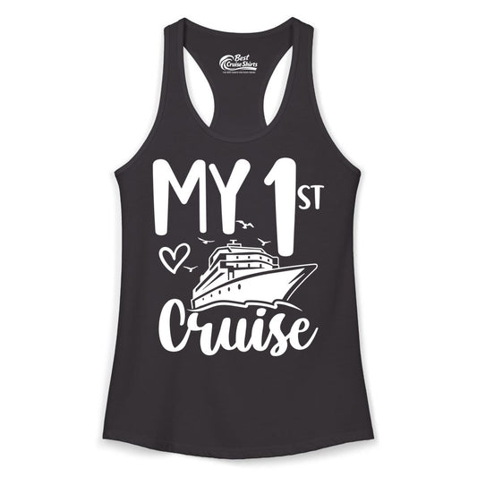 My First Cruise Shirt - Cruise Trip Shirt for First Time Cruisers (Ladies Tank) in Black - My First Cruise Shirt - Playful Lettering with Ship Heart Seagulls
