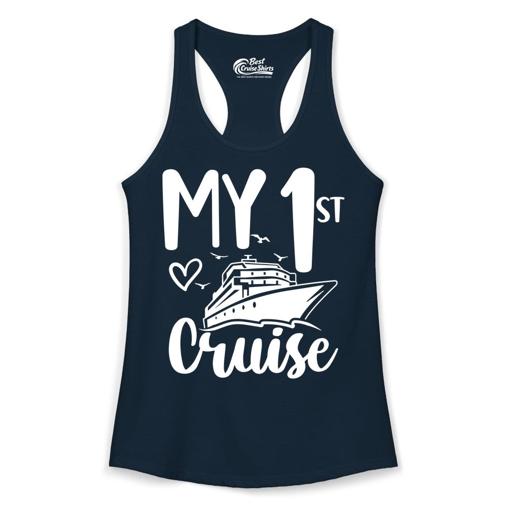 My First Cruise Shirt - Cruise Trip Shirt for First Time Cruisers (Ladies Tank) in Solid Midnight Navy - My First Cruise Shirt - Playful Lettering with Ship Heart Seagulls