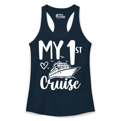 My First Cruise Shirt - Cruise Trip Shirt for First Time Cruisers (Ladies Tank) in Solid Midnight Navy - My First Cruise Shirt - Playful Lettering with Ship Heart Seagulls