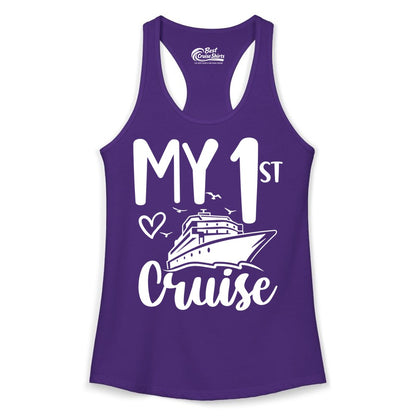 My First Cruise Shirt - Cruise Trip Shirt for First Time Cruisers (Ladies Tank) in Solid Purple Rush - My First Cruise Shirt - Playful Lettering with Ship Heart Seagulls