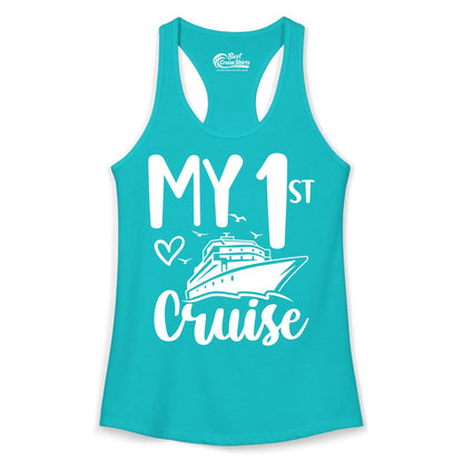 My First Cruise Shirt - Cruise Trip Shirt for First Time Cruisers (Ladies Tank) in Tahiti Blue - My First Cruise Shirt - Playful Lettering with Ship Heart Seagulls