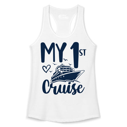 My First Cruise Shirt - Cruise Trip Shirt for First Time Cruisers (Ladies Tank) in White - My First Cruise Shirt - Playful Lettering with Ship Heart Seagulls