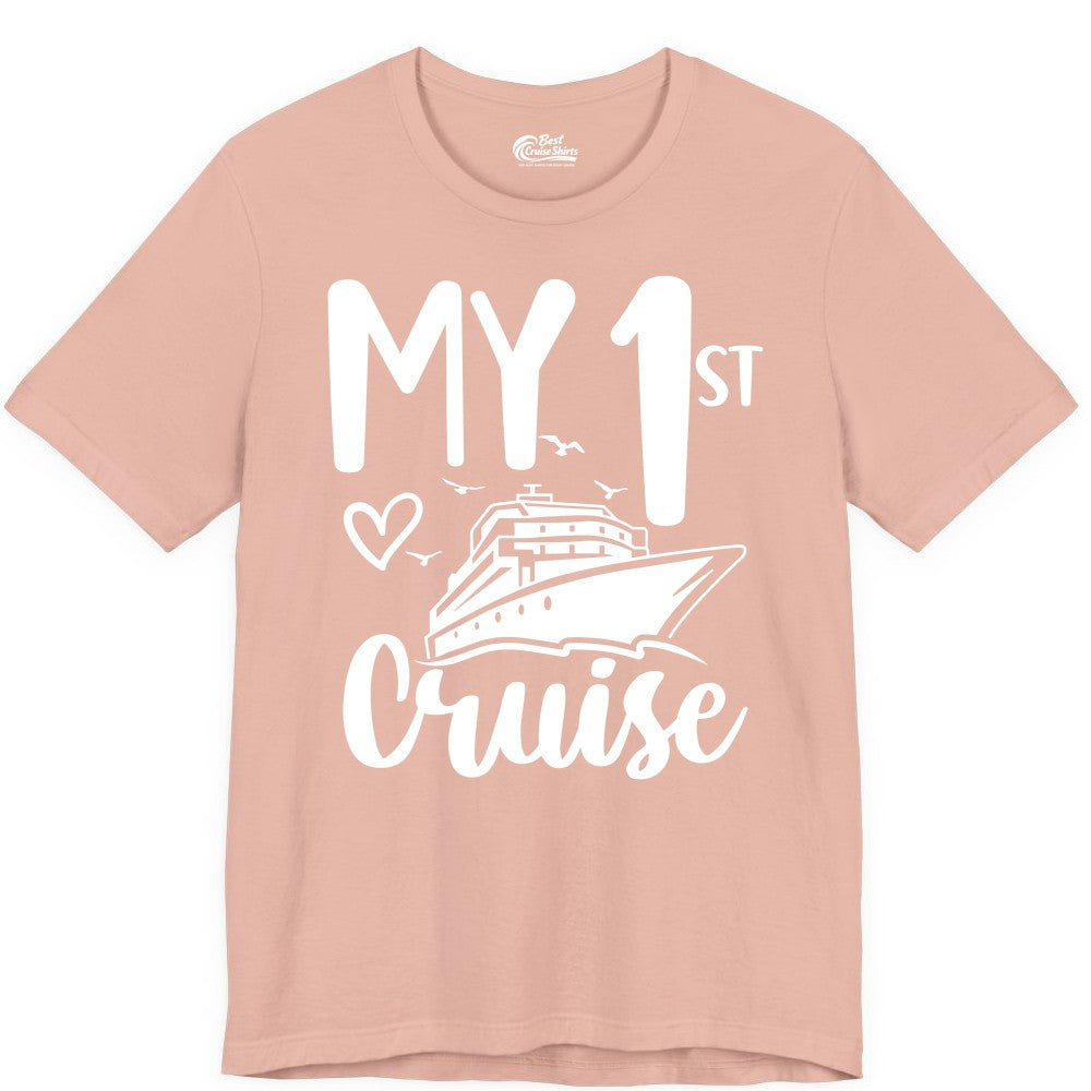 My First Cruise Shirt - Cruise Trip Shirt for First Time Cruisers (Premium Tee) in Peach - My First Cruise Shirt - Playful Lettering with Ship Heart Seagulls