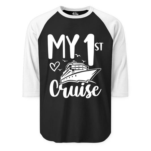 My First Cruise Shirt - Cruise Trip Shirt for First Time Cruisers (Raglan) in BlackWhite - My First Cruise Shirt - Playful Lettering with Ship Heart Seagulls