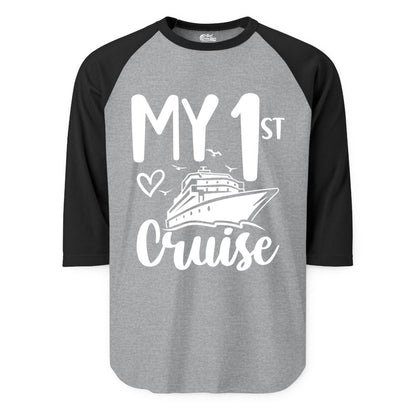 My First Cruise Shirt - Cruise Trip Shirt for First Time Cruisers (Raglan) in Heather GreyBlack - My First Cruise Shirt - Playful Lettering with Ship Heart Seagulls