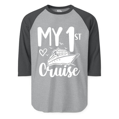 My First Cruise Shirt - Cruise Trip Shirt for First Time Cruisers (Raglan) in Heather GreyHeather Charcoal - My First Cruise Shirt - Playful Lettering with Ship Heart Seagulls