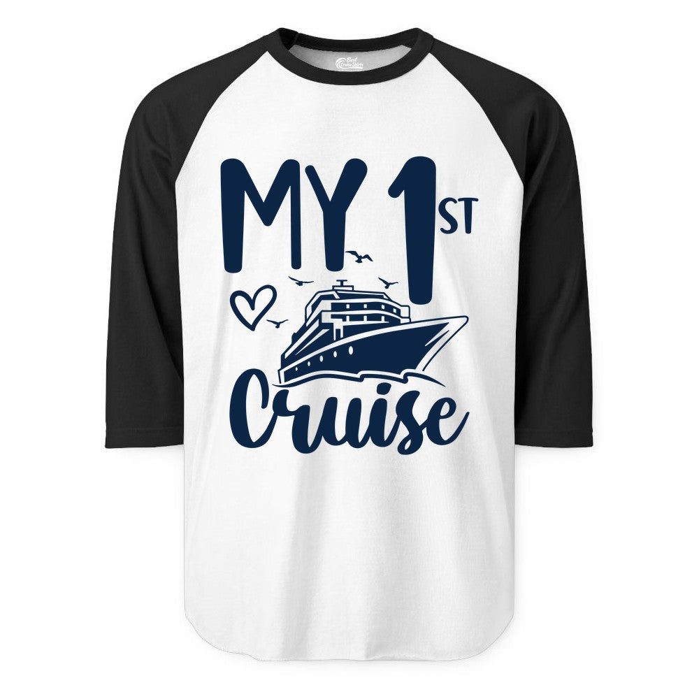 My First Cruise Shirt - Cruise Trip Shirt for First Time Cruisers (Raglan) in WhiteBlack - My First Cruise Shirt - Playful Lettering with Ship Heart Seagulls