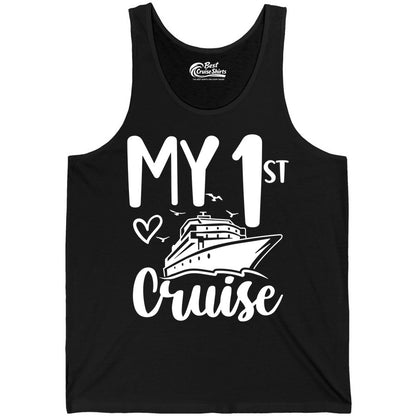 My First Cruise Shirt - Cruise Trip Shirt for First Time Cruisers (Tank Top) in Black - My First Cruise Shirt - Playful Lettering with Ship Heart Seagulls