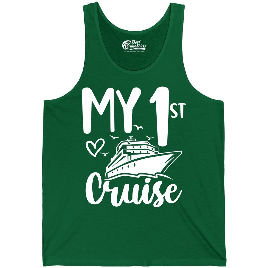 My First Cruise Shirt - Cruise Trip Shirt for First Time Cruisers (Tank Top) in Kelly - My First Cruise Shirt - Playful Lettering with Ship Heart Seagulls